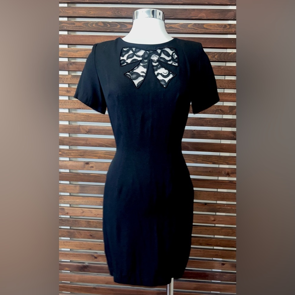 DEADSTOCK NWT Vintage 1990s 90s Black Sheer Lace Bow Cutout Short Sleeve Dress
